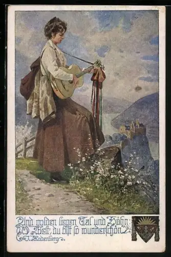 AK Deutscher Schulverein NR: 1071, Frau spielt Gitarre