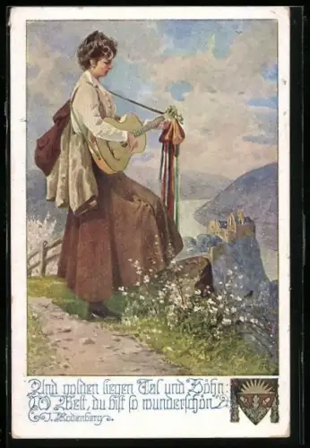 AK Deutscher Schulverein NR: 1071, Frau spielt Gitarre