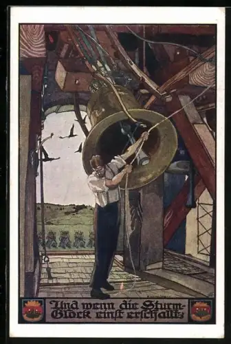 AK Deutscher Schulverein: Und wenn die Sturm-Glock einst erschallt, Mann läutet Glocke im Glockenturm