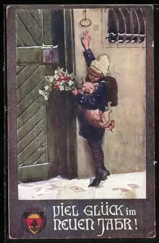 Künstler-AK Deutscher Schulverein Nr. 24: Neujahresgruss, Junge mit Glücksschwein und Blumen