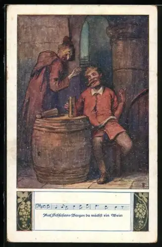 AK Deutscher Schulverein NR 1369: Auf Schlesiens Bergen wächst ein Wein, zwei Männer neben Weinfass