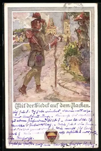 AK Deutscher Schulverein NR 444: Mit der Fiedel auf dem Nacken, Wandermusiker zieht in eine Stadt ein
