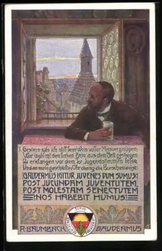AK Deutscher Schulverein Nr. 236: Gestern sass ich still beim Wein...!, Mann schaut zum Fenster heraus