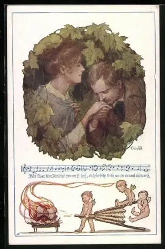 AK Deutscher Schulverein Nr. 906: Liebespaar, Amoretten und Noten: Kein Feure, keine Kohle tut brennen...