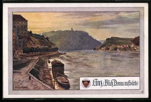 Künstler-AK Linz a. d. Donau, Blick Donau aufwärts mit Anlegerstelle, Deutscher Schulverein