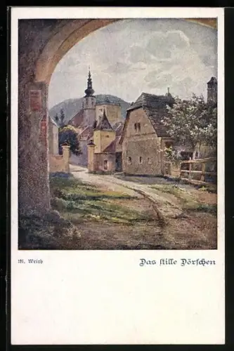 Künstler-AK Deutscher Schulverein Nr. 1218: Das stille Dörfchen, Tordurchblick zur Kirche hin