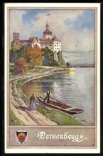 AK Persenbeug, Uferpartie m. Schloss & Ruderer, Deutscher Schulverein