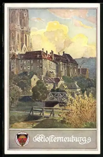 AK Klosterneuburg, Kirche im Sonnenlicht, Wappen des Deutschen Schulvereins