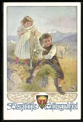 Künstler-AK Deutscher Schulverein NR.947: Kinder mit Schaf