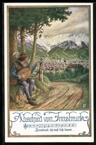 AK Deutscher Schulverein Nr. 942: Innsbruck, Strassenmusiker auf Anhöhe mit Blick auf den Ort