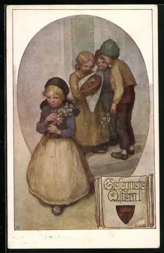 AK Deutscher Schulverein NR: 930, gesegnete Ostern, Kinder mit einem Osterkorb