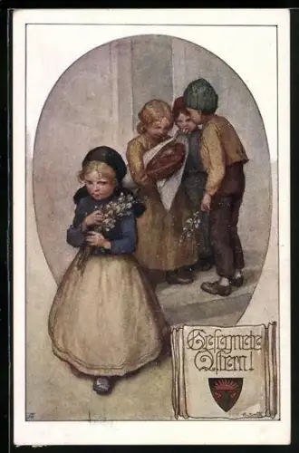 AK Deutscher Schulverein Nr. 930: Ostergrüsse kleiner Kinder mit Weidenkätzchen