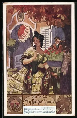 AK Deutscher Schulverein Nr. 924: Die Lieder des Zupfgeigenhansls, Horch was kommt von draussen rein?, Frau mit Schirm