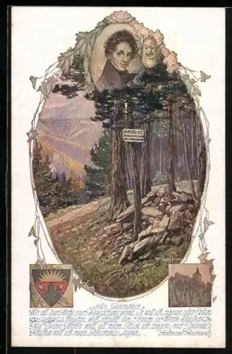 AK Deutscher Schulverein Nr. 901: An Gutenstein, Wo all dies Hohe zur Begeisterung weckt.., Waldpartie und Ruine