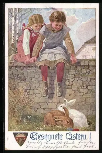 AK Deutscher Schulverein Nr. 870: Gesegnete Ostern, Mädchen auf der Mauer und Osterhasen