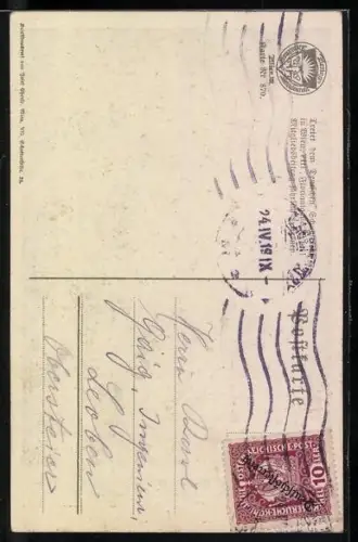 AK Deutscher Schulverein Nr. 870: Gesegnete Ostern, Mädchen auf der Mauer und Osterhasen