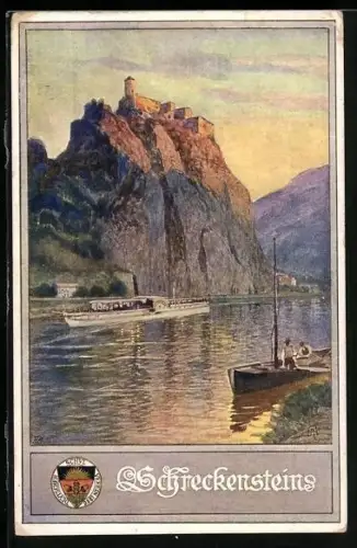 AK Schreckenstein, Dampfer am Fusse der Burg Schreckenstein, Deutscher Schulverein