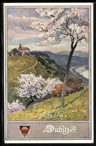 AK Dubitz, Ortschaft im Frühling, Deutscher Schulverein Nr. 222