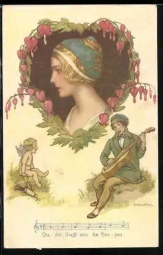 AK Deutscher Schulverein NR 1448: Du liegst mir im Herzen, verliebter Jüngling mit Gitarre und Amor