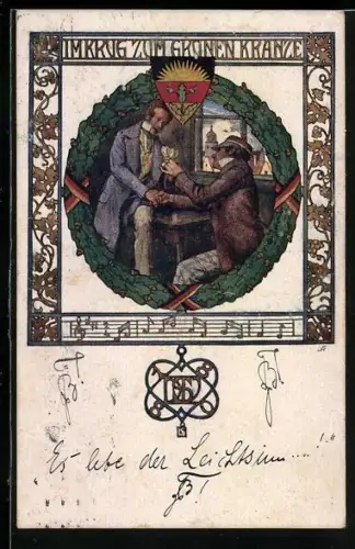 AK Deutscher Schulverein Nr. 64: Im Krug zum grünen Kranze, Burschenschaftler trinken Wein