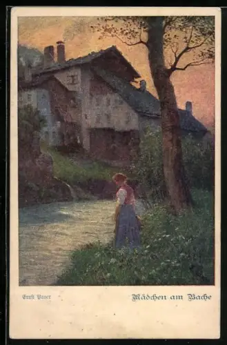 AK Deutscher Schulverein Nr. 1096: Mädchen am Bache von Ernst Bayer