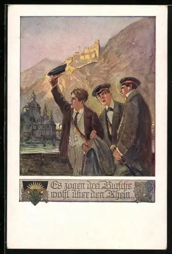 AK Deutscher Schulverein Nr. 1074: Es zogen drei Burschen...!, Burschenschaftler vor Burgruine