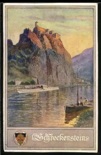 AK Schreckenstein, Dampfer am Fusse der Burg Schreckenstein, Deutscher Schulverein