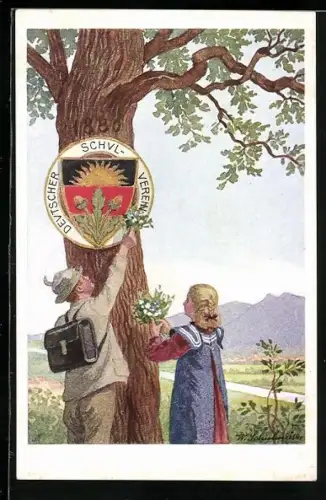 Künstler-AK Deutscher Schulverein: Junges Paar mit Blumen an einer Eiche