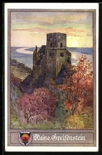 Künstler-AK Greifenstein, Burgruine an einem milden Herbstabend, Deutscher Schulverein