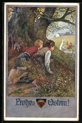 AK Deutscher Schulverein Nr. 573: Zwei Jungen beobachten Osterhasen, Ostergruss