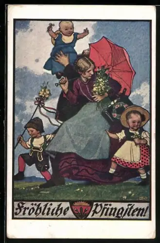 AK Deutscher Schulverein NR: 574 Wilhelm Dachauer, Pfingstgrüsse, Familie beimSpaziergang mit Regenschirm