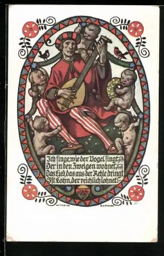 AK Deutscher Schulverein NR 547: W. Dachauer, kleine Jungen hören einem Lautenspieler zu