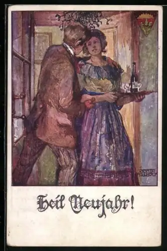 AK Deutscher Schulverein Nr. 546: Heil Neujahr!, Paar unter Mistelzweig