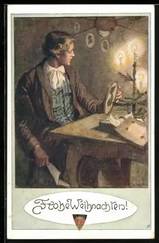 AK Deutscher Schulverein NR 539: Mann am Tisch mit Weihnachtsbaum betrachtet Silhouette einer Frau