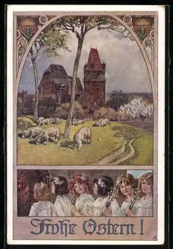 AK Deutscher Schulverein Nr. 699: Ortsansicht mit Schafe, Mädchen im weissen Kleid