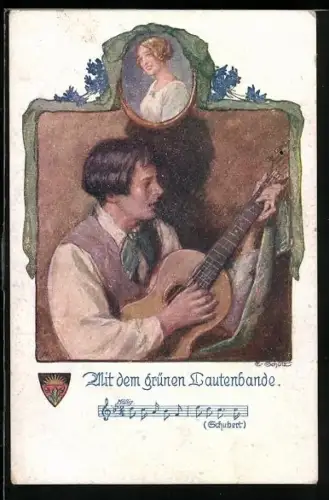 AK Deutscher Schulverein NR 696: Junger Mann mit Gitarre, Bild seiner Liebsten, Liedzeile Schuberts