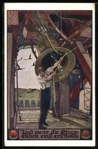AK Deutscher Schulverein: Und wenn die Sturm-Glock einst erschallt, Mann läutet Glocke im Glockenturm