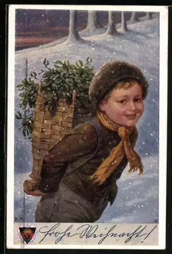 Künstler-AK R. Kratky: Deutscher Schulverein Nr. 737: Knabe mit Korb voller Misteln