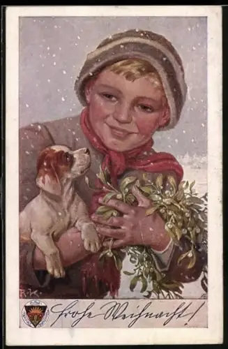 AK Deutscher Schulverein Nr. 736: Junge mit Hund und Mistelzweigen im Schnee, Weihnachtsgruss