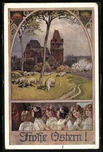 AK Deutscher Schulverein Nr. 699: Ortsansicht mit Schafe, Mädchen im weissen Kleid