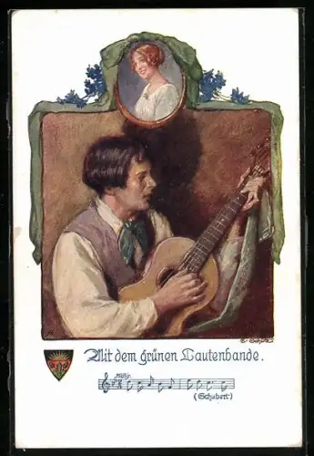 AK Deutscher Schulverein NR 696: Junger Mann mit Gitarre, Bild seiner Liebsten, Liedzeile Schuberts