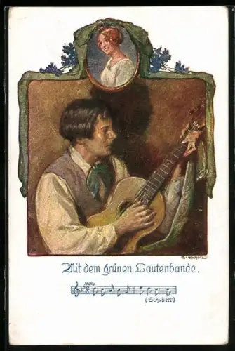 AK Deutscher Schulverein NR 696: Junger Mann mit Gitarre, Bild seiner Liebsten, Liedzeile Schuberts