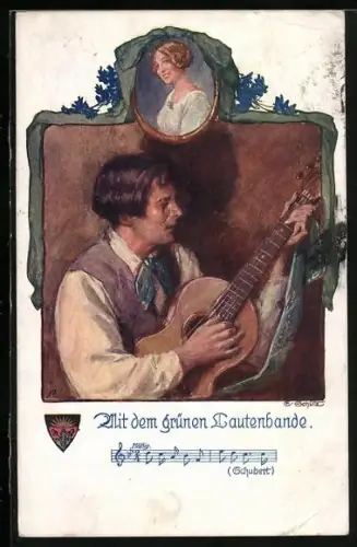 AK Deutscher Schulverein NR 696: Junger Mann mit Gitarre, Bild seiner Liebsten, Liedzeile Schuberts