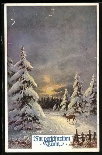 AK Deutscher Schulverein Nr. 688: Ein Reh quert den verschneiten Weg