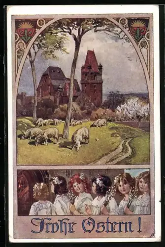 AK Deutscher Schulverein Nr. 699: Ortsansicht mit Schafe, Mädchen im weissen Kleid