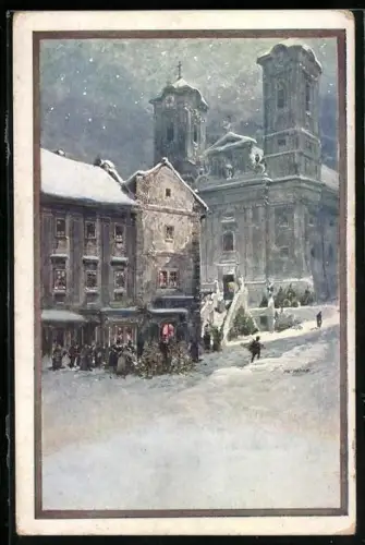AK Deutscher Schulverein NR 1390: Ortsansicht mit Kirche im Winter zur Weihnachtszeit