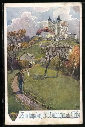 AK Deutscher Schulverein NR 1029: Sonntagberg bei Waidhofen, Schnitter und Basilika
