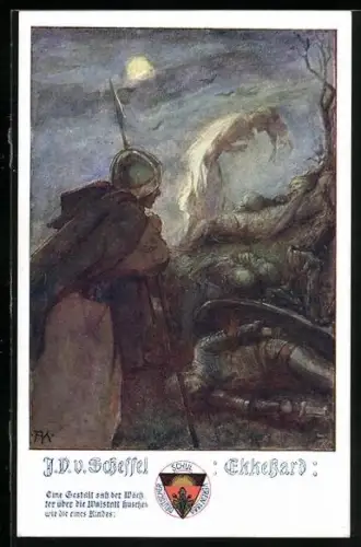 AK Deutscher Schulverein NR 497: J. v. Scheffel, Ekkehard, Wächter sieht eine Gestalt übers Schlachtfeld huschen