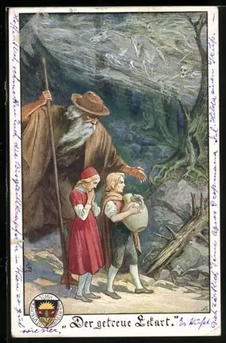 AK Deutscher Schulverein Nr. 393: Der getreue Eckart, Alter Bärtiger Mann segnet Reise der Kinder