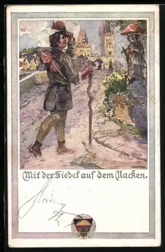 AK Deutscher Schulverein NR 444: Mit der Fiedel auf dem Nacken, Wandermusiker zieht in eine Stadt ein